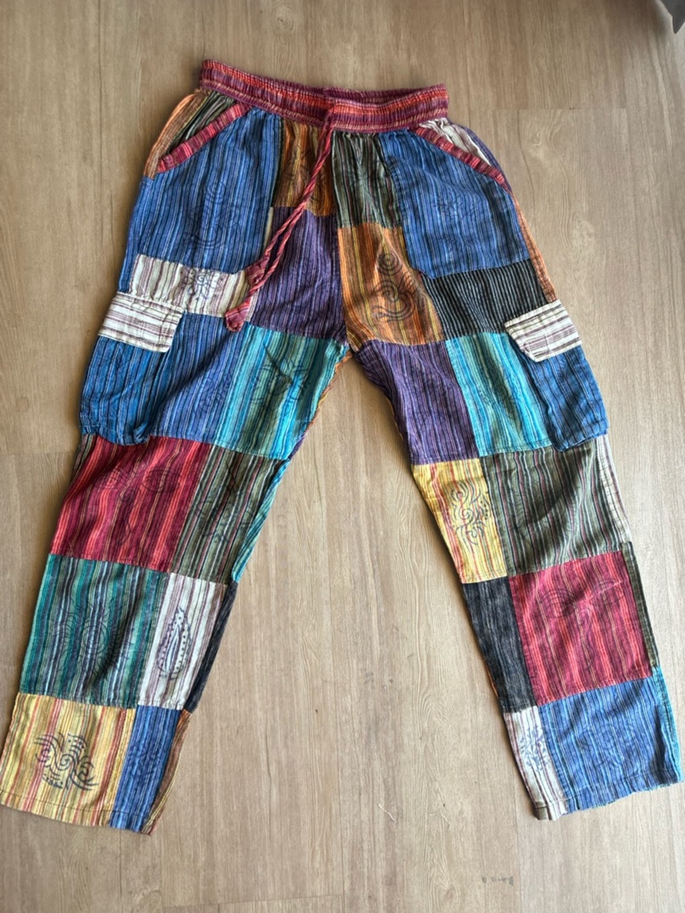 Rising International colorful hippie cotton Patchwork drawstring Pants unisex L - Picture 1 of 16